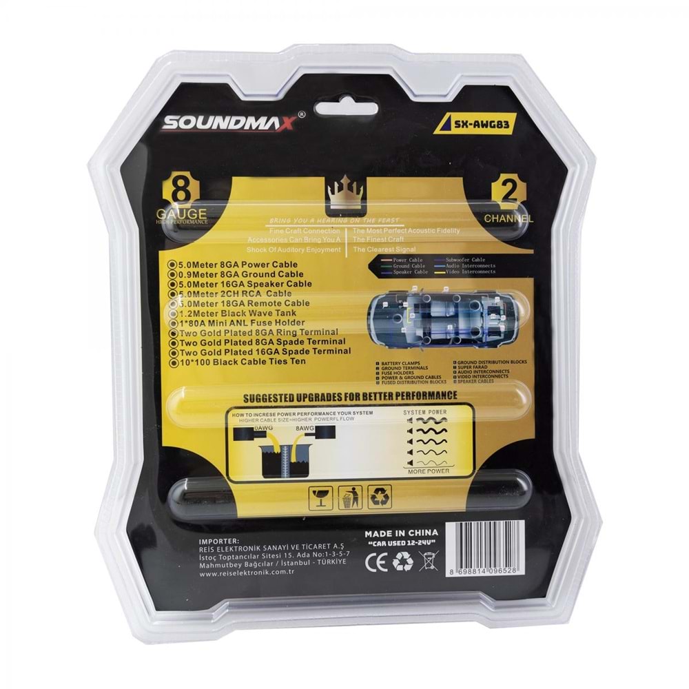 SOUNDMAX SXAWG83 80 A SİGORTA 8GA SET KABLO