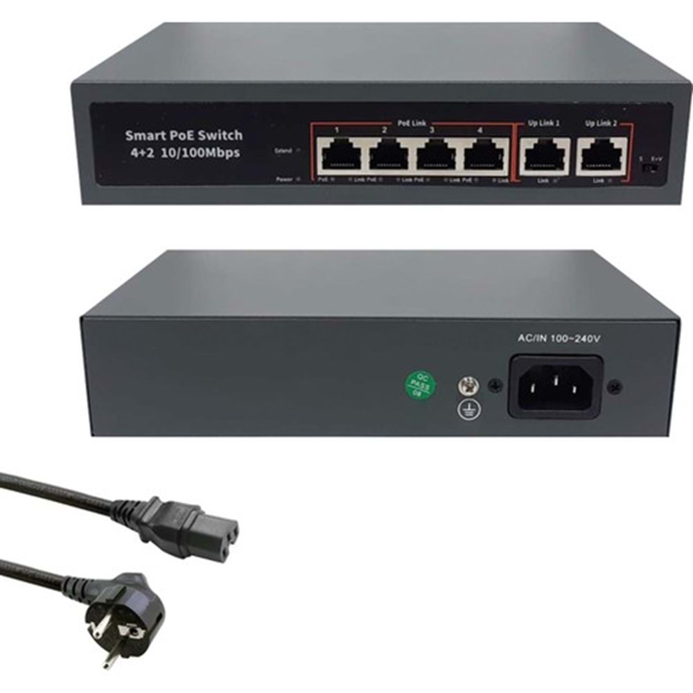 TR//Simple SM104P 4 Port PoE +2 Port 10 100 Uplink 250m 72W Aktif PoE Switch