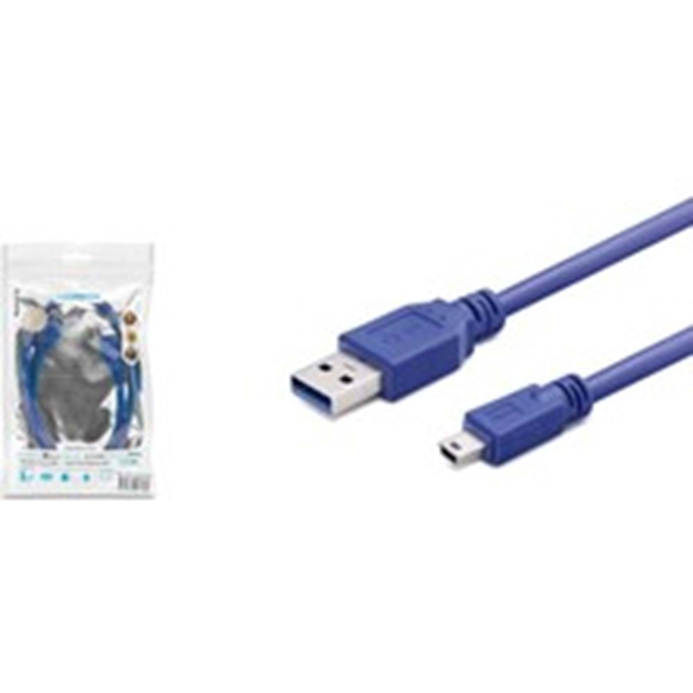 HADRON HDX5065 MINI USB V3/5PIN (M) TO USB (M) KABLO (PS3 UYUMLU) MAVİ TRANSPARENT 1.5MT