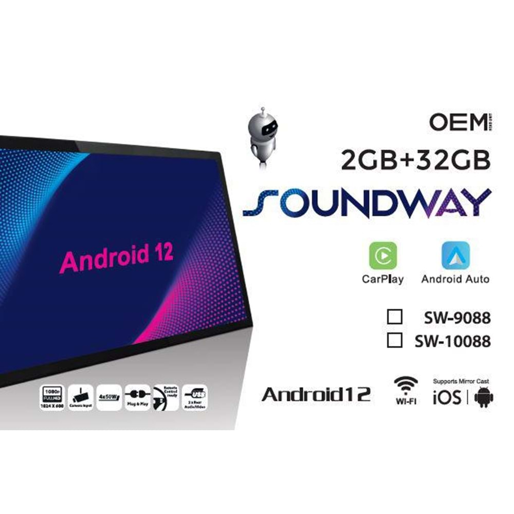 SOUNDWAY SW10088 10.1İNCH CARPLAYLİ 2+32 MULTİMEDYA TABLET EKRAN