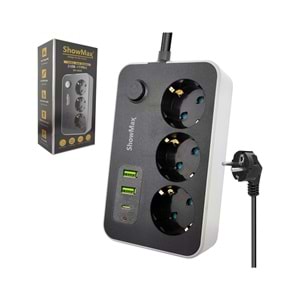 SHOWMAX SH4626 TERMAL AKIM KORUMALI PRİZ (3 PRİZ + 2 USB + 1 TYPE-C)