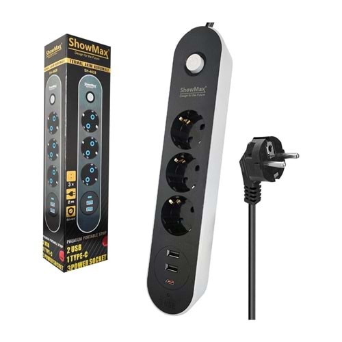 SHOWMAX SH4628 TERMAL AKIM KORUMALI UZATMA KABLOSU(3 PRİZ + 2 USB +1 TYPE-C)