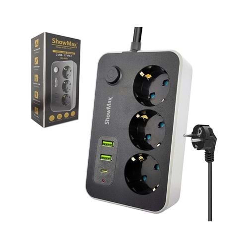 SHOWMAX SH4626 TERMAL AKIM KORUMALI PRİZ (3 PRİZ + 2 USB + 1 TYPE-C)