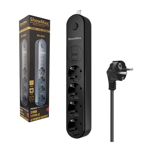 SHOWMAX SH4625 TERMAL AKIM KORUMALI UZATMA KABLOSU(4 PRİZ + 2 USB +1 TYPE-C)